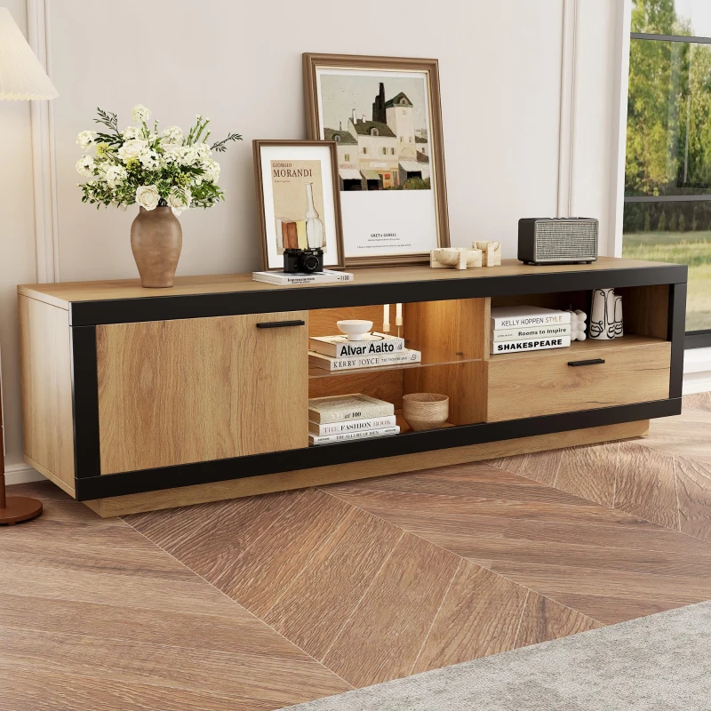 Modern TV Cabinet with App-Controlled LED Lights and USB Power, Media Cabinet with 3 Open Compartments, 160L x 40W x 50H cm, Wood