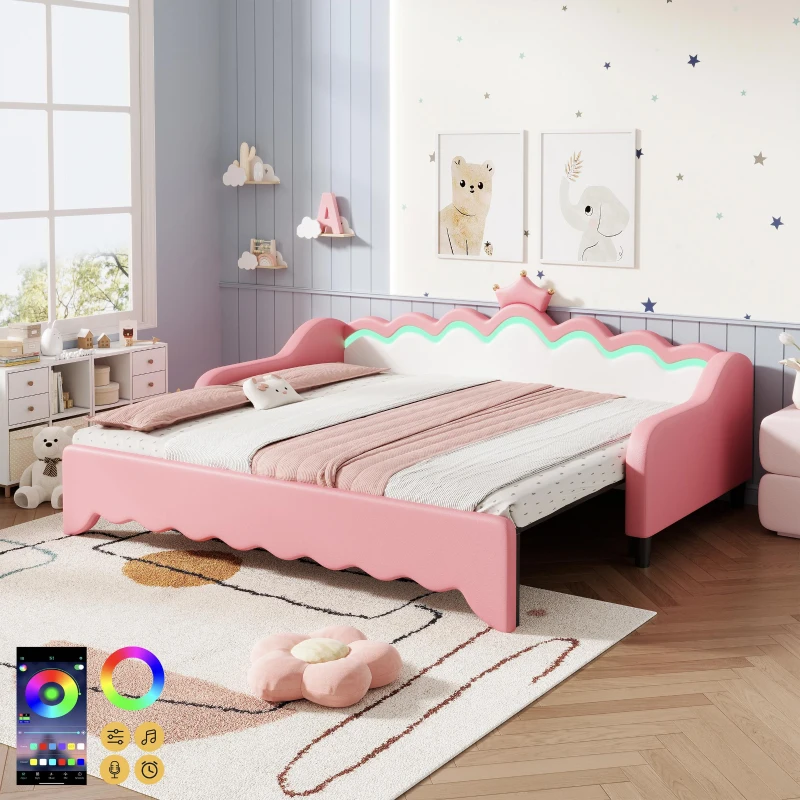3ft Single Daybed with LED Headboard, App-controlled RGB Lighting, Bed Frame with Pull-out Trundle, 202L x 182W x 91H cm, Cream White+Pink