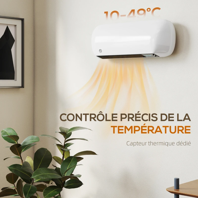 HOMCOM Chauffage mural en céramique 1000/2000W, radiateur électrique, ventilateur, thermostat, minuterie, 50x19x14cm, blanc