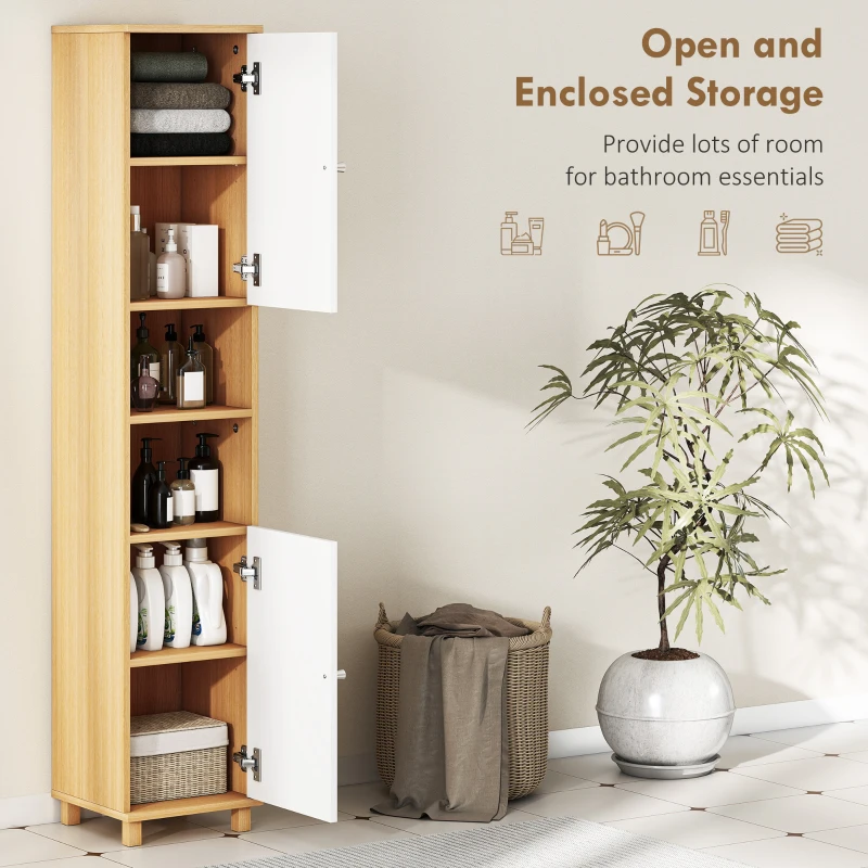 HOMCOM Dulap de Baie înalt cu Uși, 2 Rafturi Deschise, 2 Dulapuri, Dulap de Baie Economisitor de Spațiu cu Rafturi Reglabile pentru Sala de Mese Sufragerie, 30x30x166 cm, Alb și Lemn