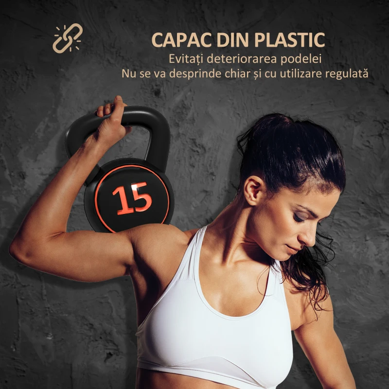 SPORTNOW Set 3 Kettlebell de 2.2 kg, 4.5 kg și 6.8 kg cu Suport pentru Greutăți, din Plastic și Nisip, Negru