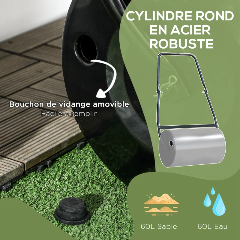 DURHAND Rouleau à gazon, rouleau de jardin, remplissable avec 38 L d'eau ou de sable, 60 x 32 x 105 cm, noir