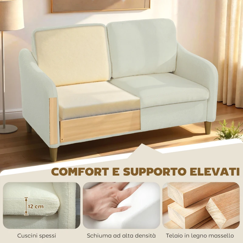 HOMCOM Divano 2 Posti Moderno con Cuscini Spessi e Rivestimento Sherpa, 137x69x82 cm, Crema