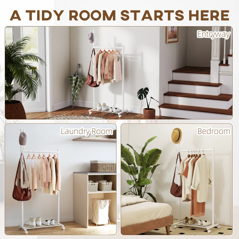 HOMCOM Stand Cuier de Podea cu Roți, 5 Cârlige și Raft Inferior pentru Încălțăminte, Alb