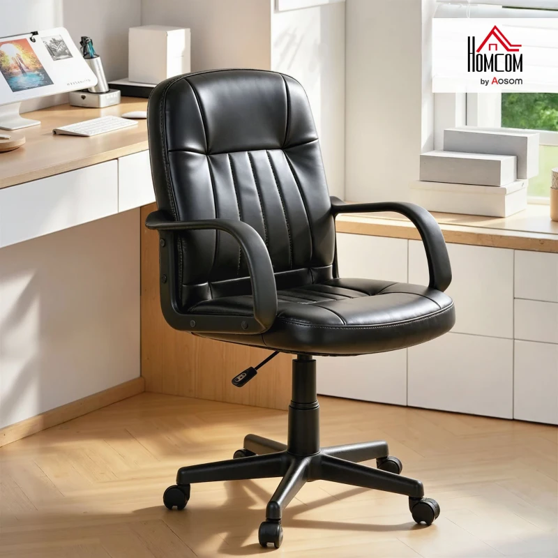 HOMCOM Executive Office Chair for Home, Mid Back PU Leather Computer Desk Chair for Adults with Arm, Wheels, Black