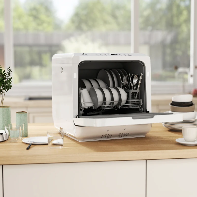 HOMCOM Mini lave-vaisselle 4 couverts 5 programmes réservoir d'eau 6L commande tactile affichage LED 45 x 44 x 45,8 cm blanc