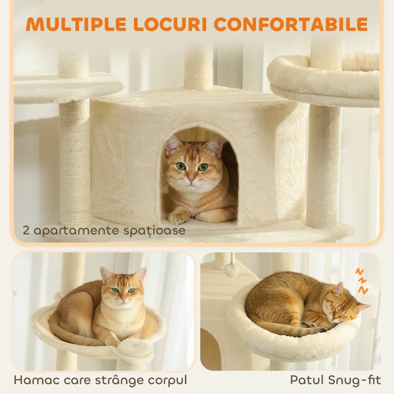 PawHut Ansablu de joacă pentru pisici, 2 căsuțe, 2 paturi și hamac, 200cm, bej