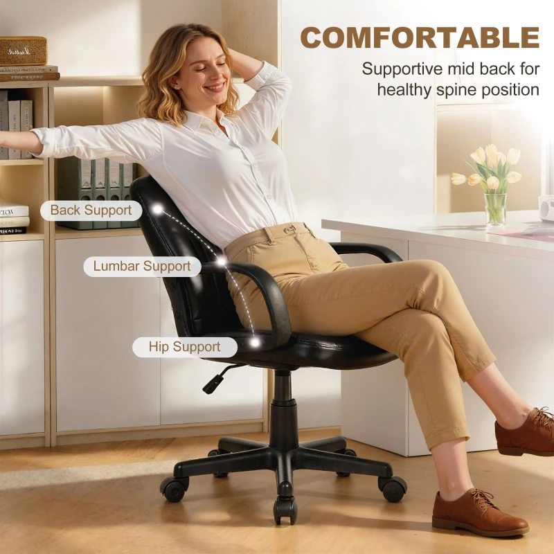 HOMCOM Executive Office Chair for Home, Mid Back PU Leather Computer Desk Chair for Adults with Arm, Wheels, Black