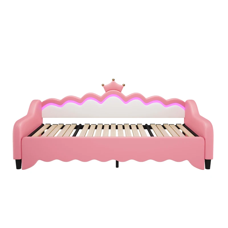 3ft Single Daybed with LED Headboard, App-controlled RGB Lighting, Bed Frame with Pull-out Trundle, 202L x 182W x 91H cm, Cream White+Pink