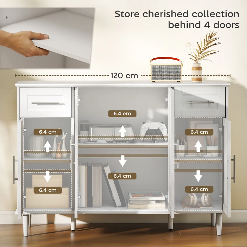 HOMCOM Mobilier de Sufragerie, Credență cu 2 Sertare și 3 Dulapuri cu Rafturi Reglabile, Comodă cu Picioare din Pin pentru Sala de Mese și Bucătărie, 120x38x86 cm, Alb