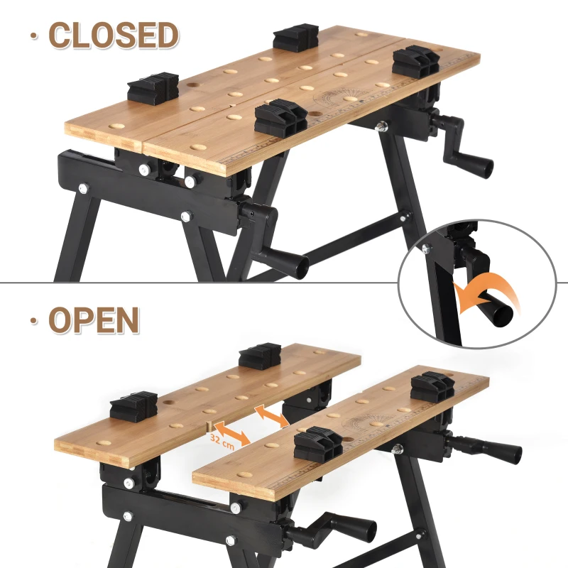 HOMCOM Banc de Lucru Pliabil cu 4 Menghine, Riglă și Unghiometru, Capacitate 150 kg, Negru și Lemn