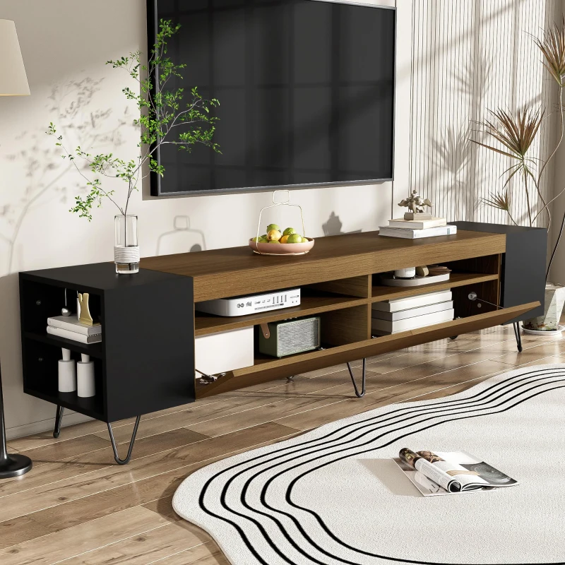 Modern TV Cabinet with 2 Front Doors and Open Side Compartments, Durable TV Stand with Cable Outlets, 180L x 36W x 43H cm, Black+Wood