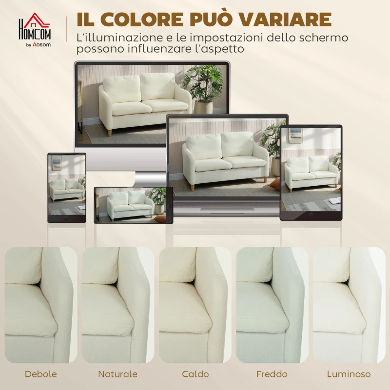 HOMCOM Divano 2 Posti Moderno con Cuscini Spessi e Rivestimento Sherpa, 137x69x82 cm, Crema