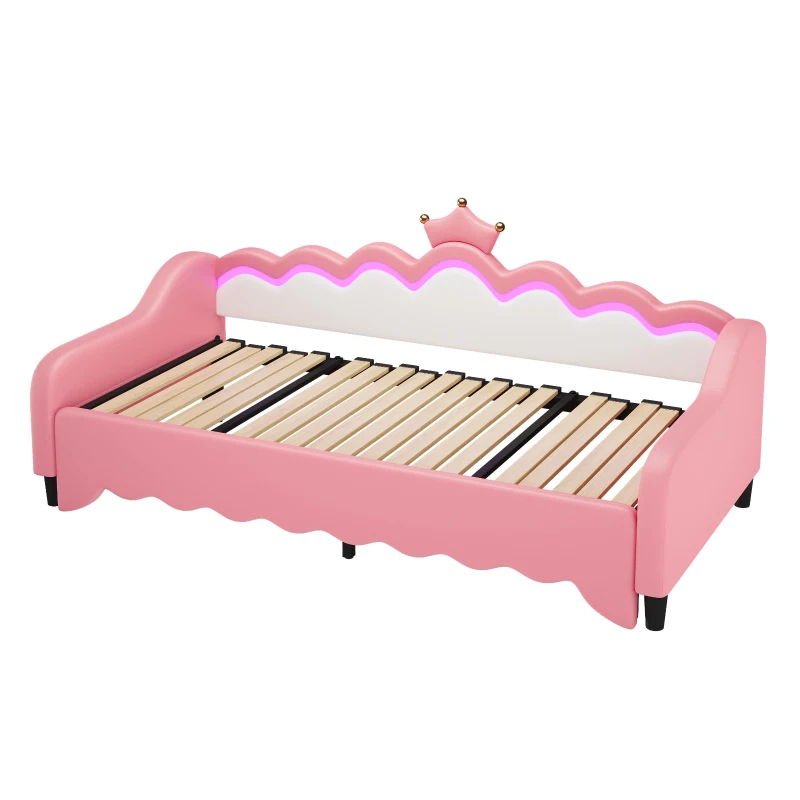 3ft Single Daybed with LED Headboard, App-controlled RGB Lighting, Bed Frame with Pull-out Trundle, 202L x 182W x 91H cm, Cream White+Pink