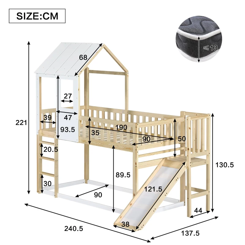 Wooden High Sleeper Bed with Slide and 3‑Step Ladder for Children, Bunk Bed with Playhouse Roof, 240.5L x 137.5W x 221H cm, White+Natural