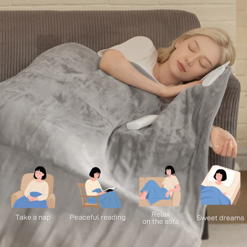 HOMCOM Electric Heated Blanket Throw 140 x 160cm with Dual Controllers, Machine Washable Heated Throw Blanket with Ultra Soft Flannel Fabric, 5 Heating Levels, 10 Hour Timer, Grey