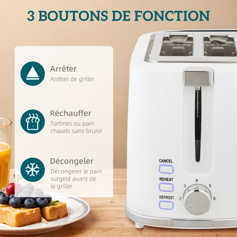 HOMCOM Ensemble bouilloire et grille-pain, bouilloire en acier 1,7 L et 2200 W et grille-pain à 2 tranches, blanc
