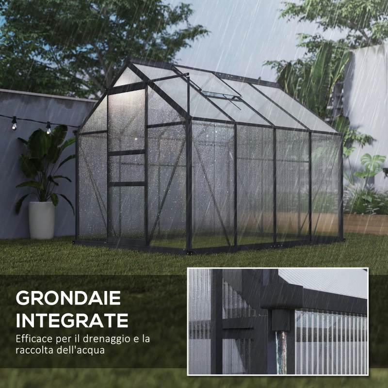 Outsunny Serra in Policarbonato e Alluminio con Porta Scorrevole, Presa d'Aria e Grondaia, 190x252x201 cm, Grigio