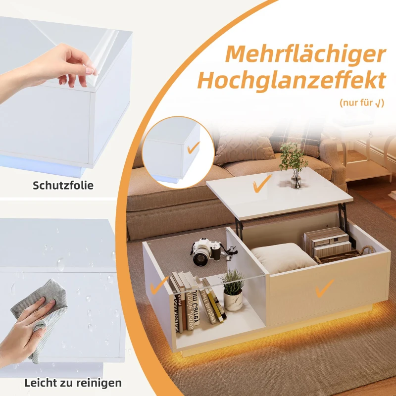 Lift-Up Coffee Table with Space-Saving Hidden and Open Storage, Desk with LED App-Controlled Lighting, 100L x 50W x 33H cm, White