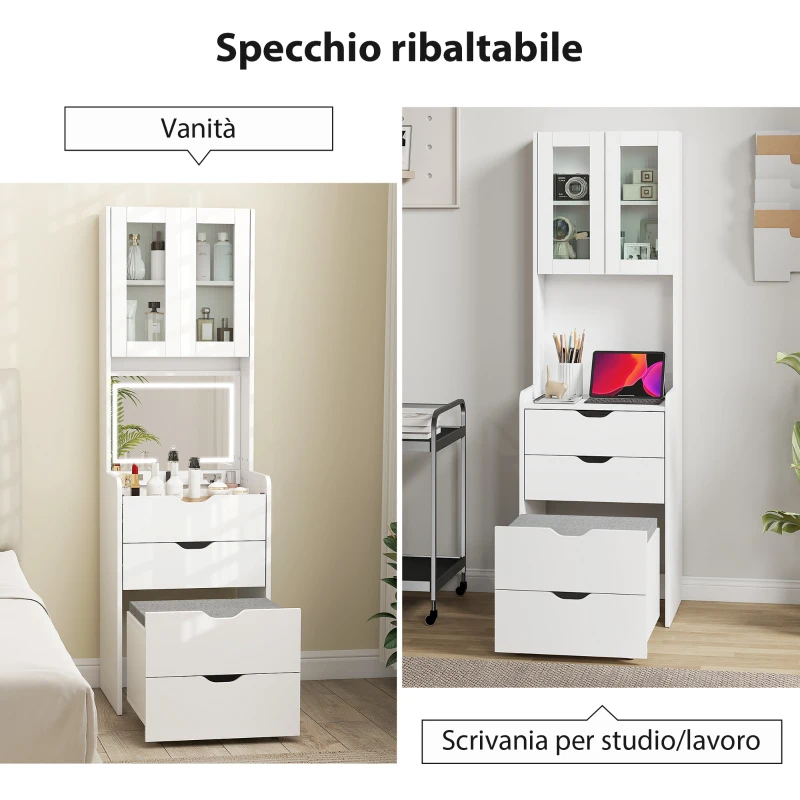 HOMCOM Toeletta Trucco con Specchio Illuminato e Sgabello, Luce Regolabile, Cassetti e Armadietto, Bianco