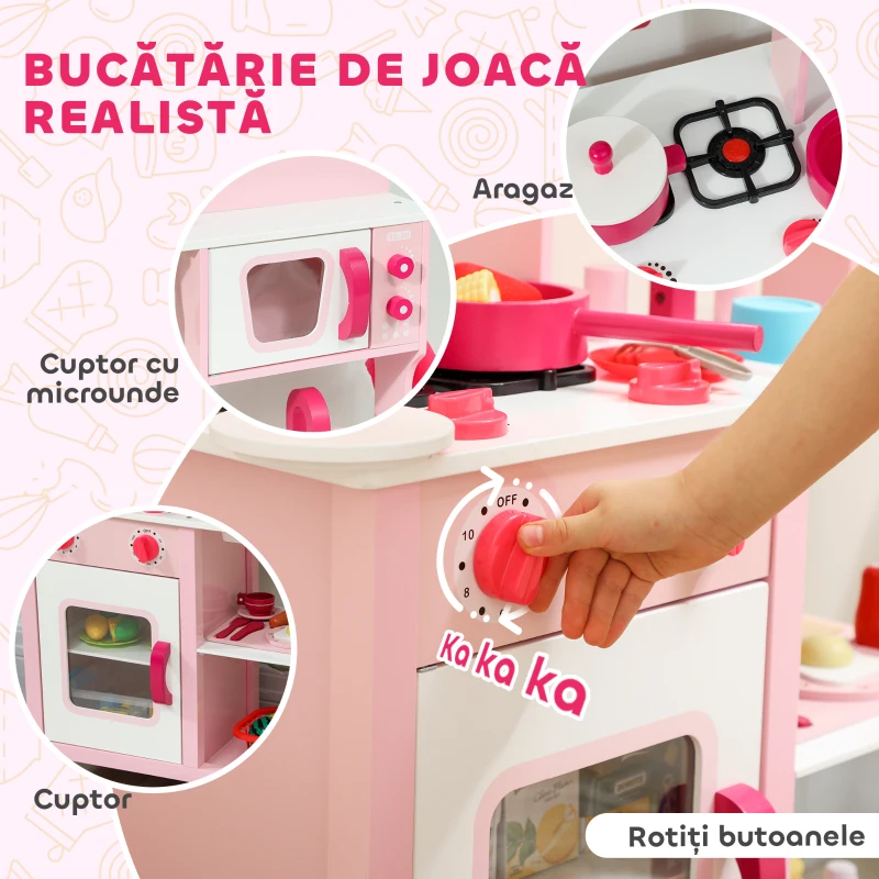 AIYAPLAY Bucătărie de Jucărie pentru Copii 3+ Ani cu Microonde, Plită și Chiuvetă, din Lemn, 55x24x86 cm, Roz