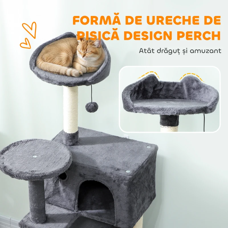 PawHut Ansamblu de joacă pentru pisici cu 2 căsuțe, culcuș și Hamac, 140 cm, Gri