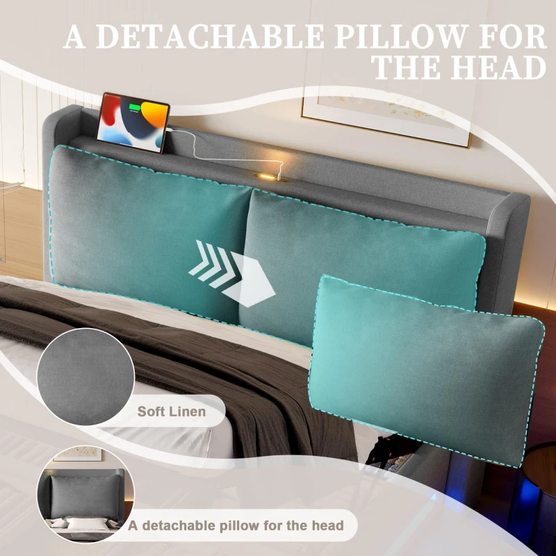 Modern Upholstered Bed with Dual USB‑C Ports and LED Lighting, Bed Frame with Hydraulic Lift Storage, 152.5L x 210W x 114H cm, Dark Gray