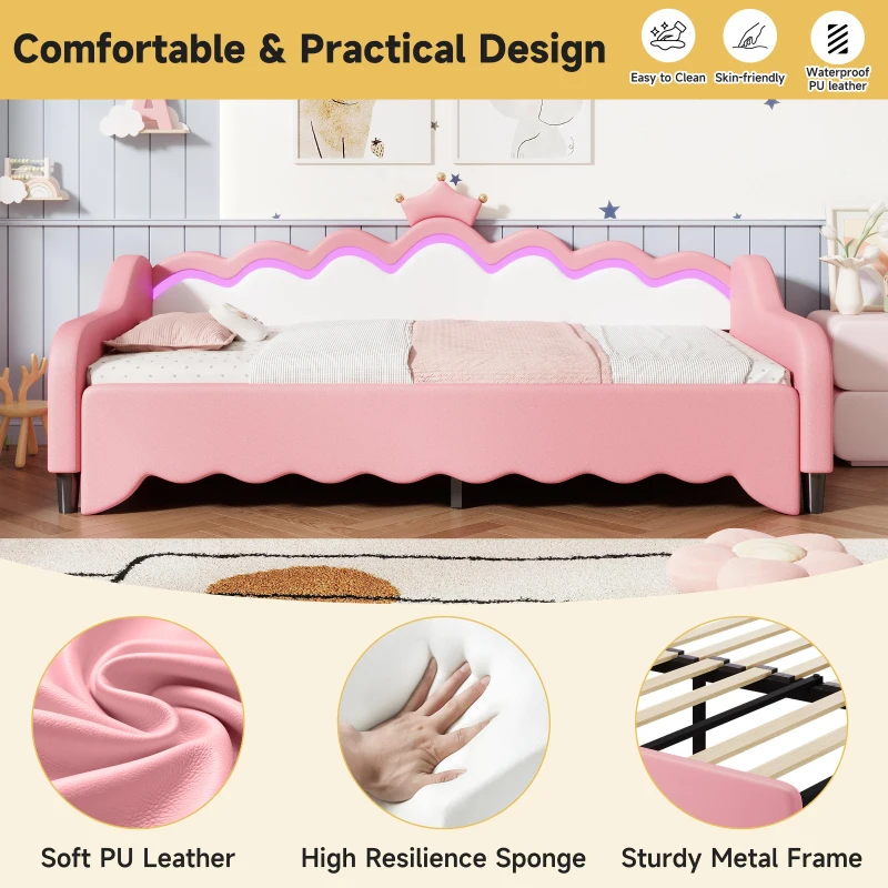 3ft Single Daybed with LED Headboard, App-controlled RGB Lighting, Bed Frame with Pull-out Trundle, 202L x 182W x 91H cm, Cream White+Pink