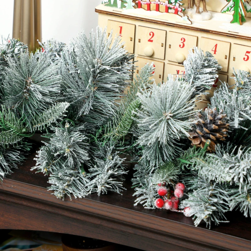 HOMCOM Ghirlandă de Crăciun Ø25x180 cm cu 50 de Lumini LED, Conuri de Pin și Boabe, din Plastic și Metal, Verde și Alb