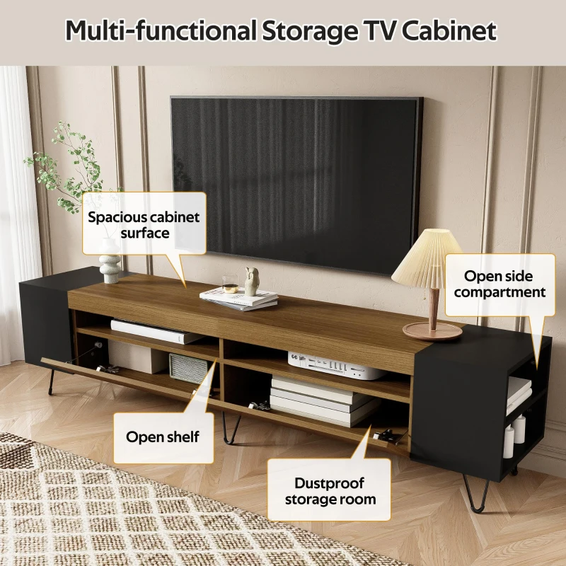 Modern TV Cabinet with 2 Front Doors and Open Side Compartments, Durable TV Stand with Cable Outlets, 180L x 36W x 43H cm, Black+Wood