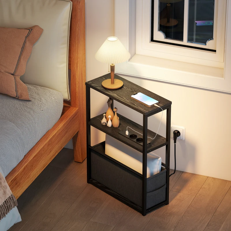 HOMCOM Beistelltisch Sofatisch mit Steckdosenleiste, Ablage, für Kleine Räume, 45x18x60,2cm, Schwarz