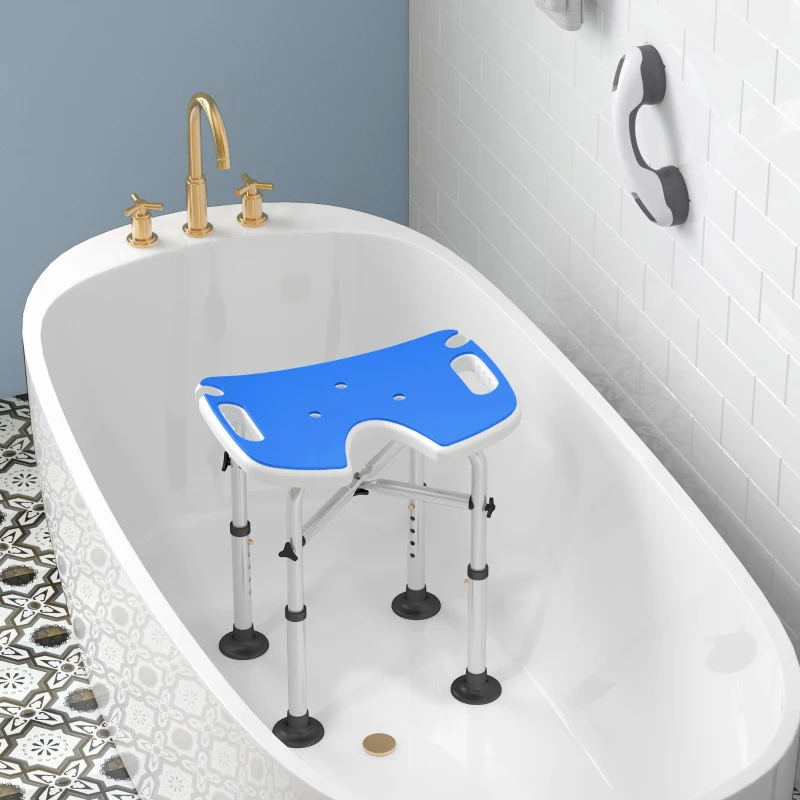 HOMCOM Banco de Duche para Idosos Antiderrapante com Barra de Apoio Altura Regulável e Assento em Forma de U 48,5x33x39-51,5 cm  Azul