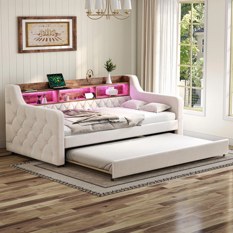 Space-Saving Sofa Bed with Adjustable LED Lighting and USB-C Port, Bed Frame with Built-in Storage Shelf, 201L x 107W x 75H cm, Beige