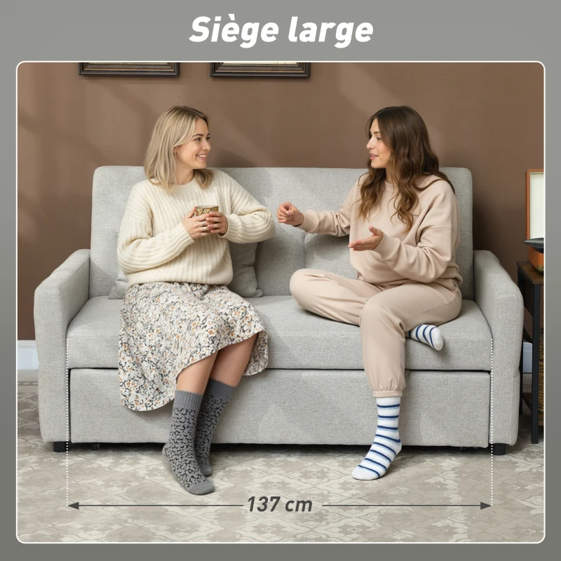 HOMCOM Canapé convertible 2 places 3 en 1, canapé-lit clic-clac, lit gigogne, dossier réglable, 158x85x85cm, marron clair(m-7)