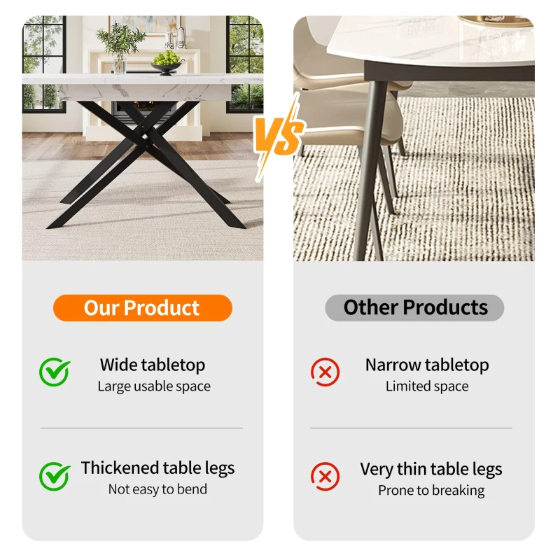 6–8 Seats Extendable Dining Table with Modern Crossed Iron Legs, Kitchen Table with Marbled MDF Top, 120-160L x 80W x 76.5H cm, White