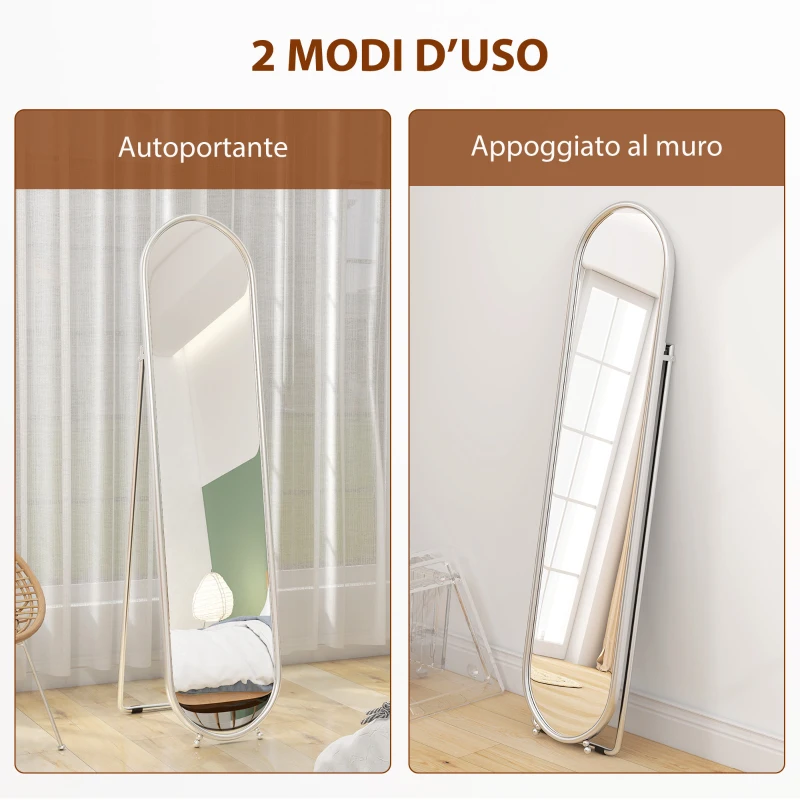 HOMCOM Specchio a Figura Intera da Terra con Supporto Pieghevole, Vetro e Metallo, 40x4x160 cm, Argento