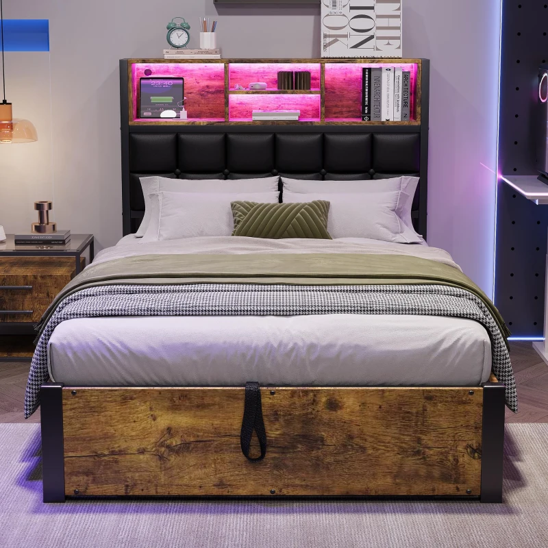 Hydraulic Storage Single Bed with Multi-Colour LED Strip, Charging Ports, Sponge Headboard for Bedrooms, 208L x 96W x 107H cm, Black+Neutral