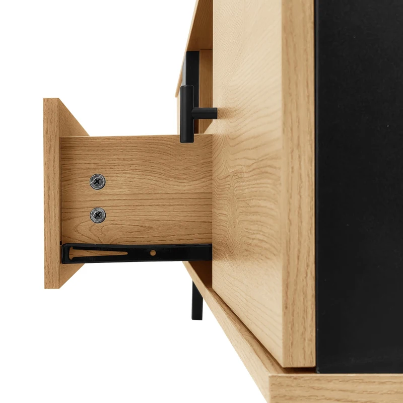 Modern TV Cabinet with 2 Doors, Slatted Front, Spacious Compartment, TV Stand for versatile organised storage, 170L x 4W x 50.5H cm, Black+Wood