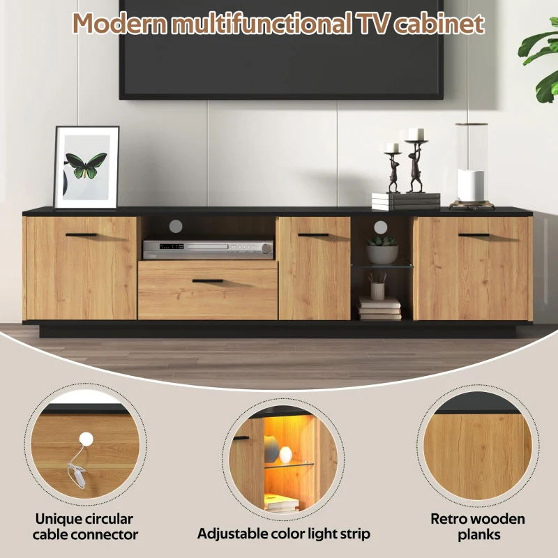 Modern TV Cabinet with 3 Doors, Drawer and 2 Open Glass Compartments, TV Stand with Solid Wooden Legs, 180L x 37W x 45H cm, Black+Wood