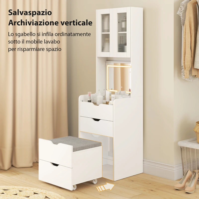 HOMCOM Toeletta Trucco con Specchio Illuminato e Sgabello, Luce Regolabile, Cassetti e Armadietto, Bianco