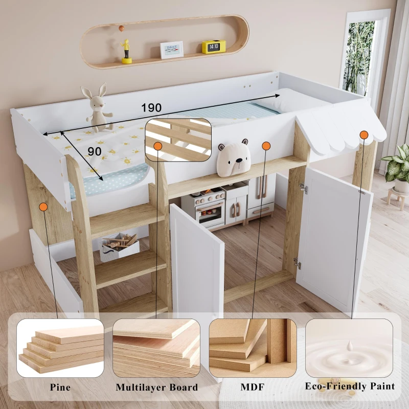 3ft Single High Sleeper Bed with Customisable Under-Bed Space, 3-Step Ladder Bed Frame for Children, 195L x 118W x 109H cm, White+Natural