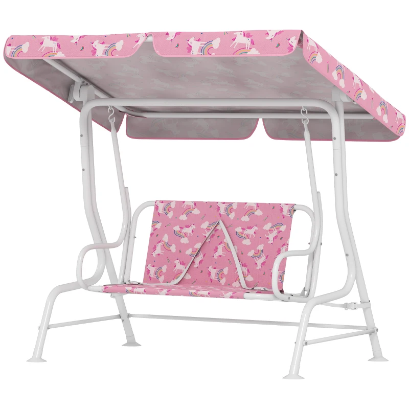 AIYAPLAY Kids Porch Swing, 2-Seater Patio Swing Bench Hammock with Seat Belts, Adjustable Canopy for Garden, Pink
