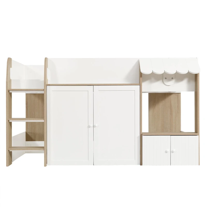 3ft Single High Sleeper Bed with Customisable Under-Bed Space, 3-Step Ladder Bed Frame for Children, 195L x 118W x 109H cm, White+Natural