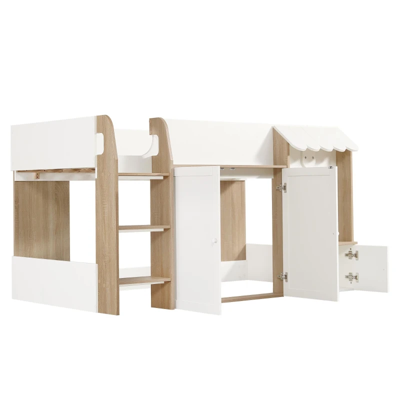 3ft Single High Sleeper Bed with Customisable Under-Bed Space, 3-Step Ladder Bed Frame for Children, 195L x 118W x 109H cm, White+Natural
