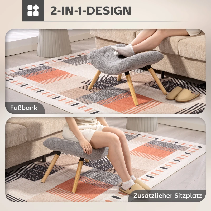 HOMCOM Moderner Fußhocker mit Fleece-Bezug und Holzbeinen, gepolstert, für Wohnzimmer, Schlafzimmer, Flur, Hellgrau