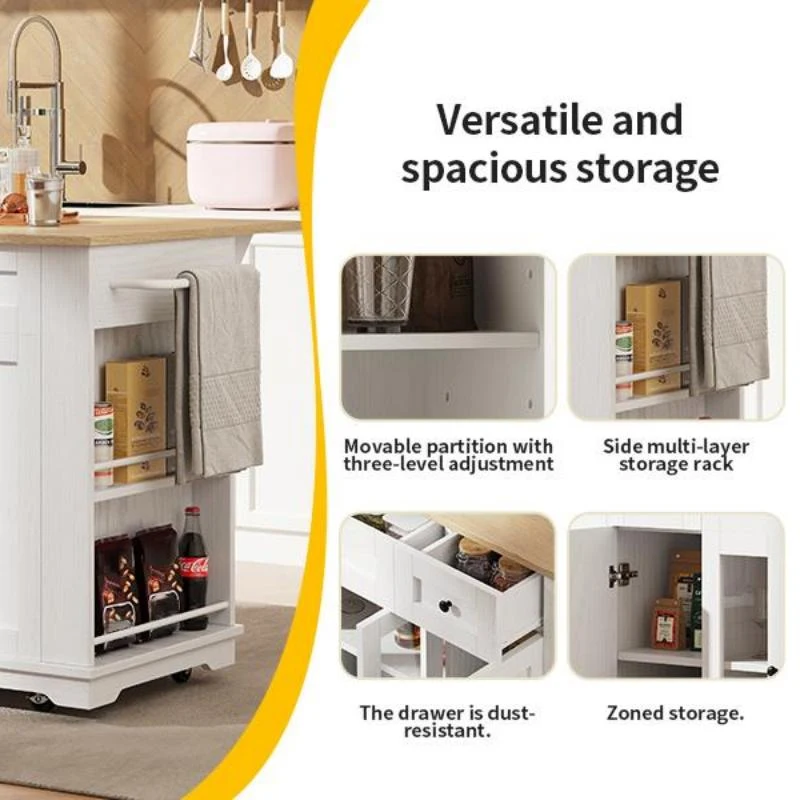 Modern Kitchen Island and Serving Trolley with MDF Worktop, Extendable Fold‑out Dining Table with Drawer, 151.5L x 60W x 91.5H cm, White