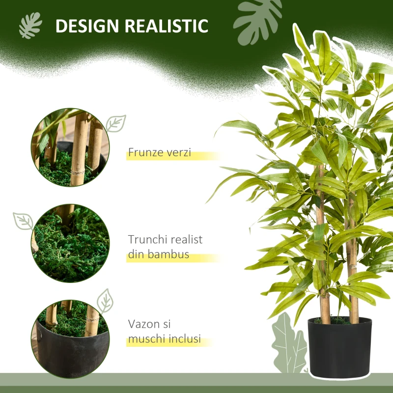 HOMCOM Plantă Artificială de Bambus, Înălțime 60 cm, din Poliester și PP, Verde, cu Vas de Ciment Ø15x12.5 cm