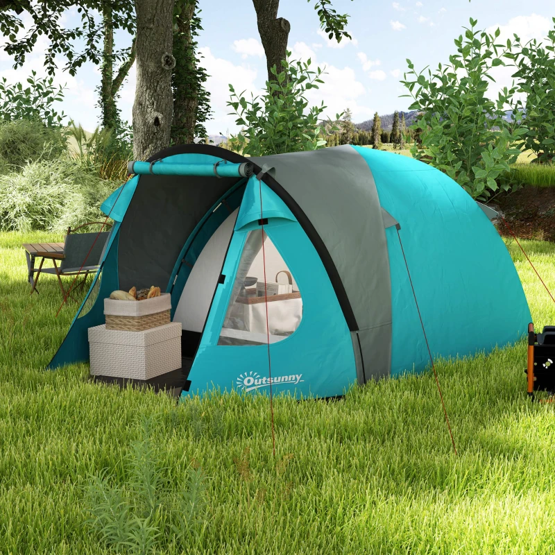 Outsunny Tente de camping 2-4 personnes, tente dôme familiale imperméable, avec fenêtres, poche, sac de transport bleu ciel