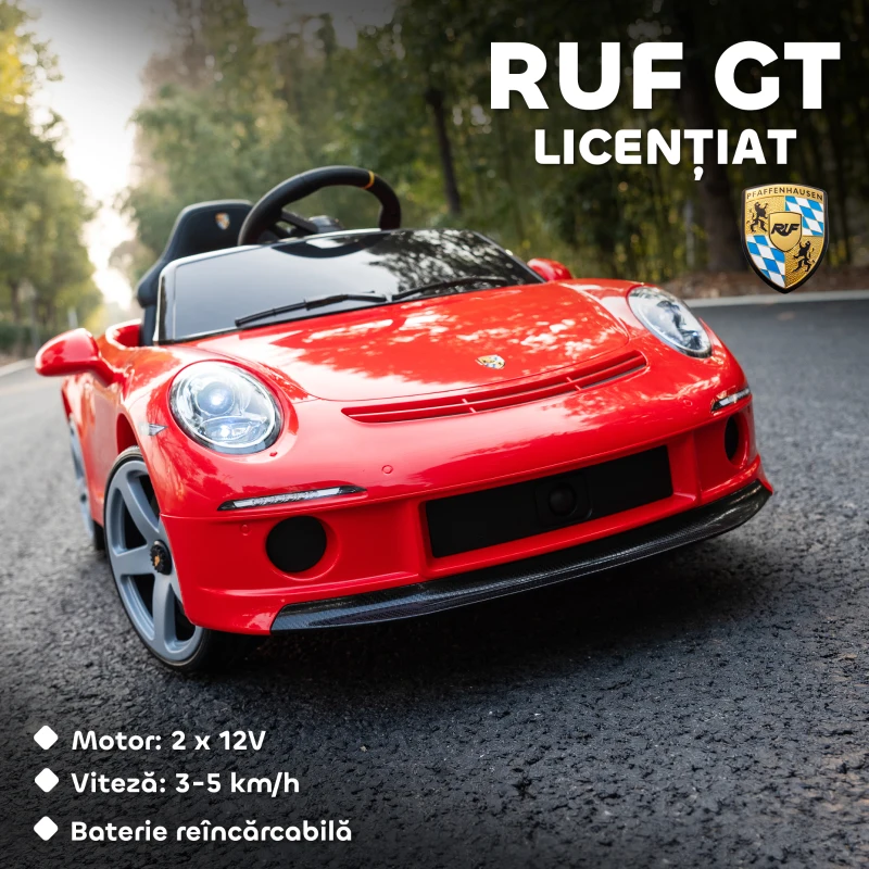 AIYAPLAY Mașinuță Electrică pentru Copii cu Licență Oficială RUF GT, Auto Electric pentru Copii 3-5 Ani cu Telecomandă, Pornire Lentă, Centură de Siguranță, Lumini, Muzică și USB, Roșu