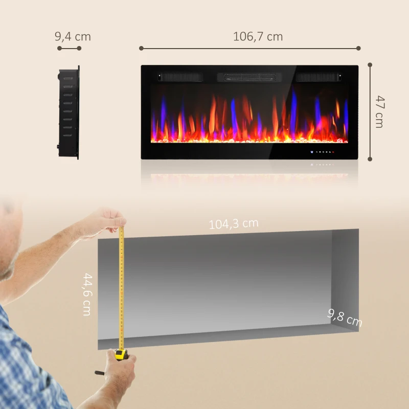 HOMCOM Elektrischer Kamin, Wandmontage, verstellbare Flammen, Thermostat, Timer, Stahl, Schwarz